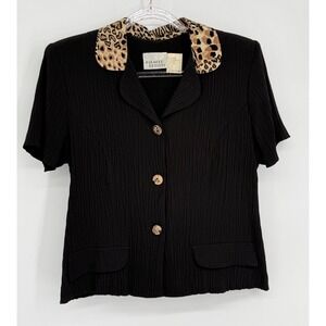 Halmode Petites Vintage Black Animal Print Collar Short Sleeve Blazer Top Sz 10